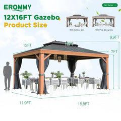 Erommy hardtop gazebo with sloped roof, curtains, outdoor dining furniture, and illustrated measurements showing its spacious design for entertaining.