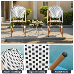 EROMMY Outdoor French Bistro Chair Set of 2, Wicker Patio Dining Chairs with Print Finish, Black&White