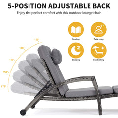 EROMMY Patio Lounge Chair Set of 2 with Headpillow & Cushion, Gray