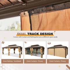 EROMMY 12'x18' Gazebo Double Hardtop Roof Galvanized Steel Pavilion Aluminum Frame Permanent Brown