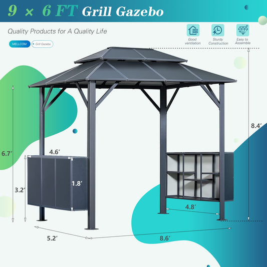 EROMMY Grill Gazebo 9 x 6 FT Permanent Outdoor Aluminum Patio Gazebo with Aluminum Composite Double Roof for Patio Lawn and Garden with Ceiling Hooks and Shelves