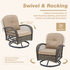 EROMMY 3 Pieces Outdoor Swivel Rocker Patio Chairs, 360 Degree Rocking Patio Conversation Set, Khaki