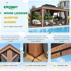EROMMY 12'x14' Hardtop Gazebo Outdoor Aluminum Wood Grain Gazebos with Galvanized Steel Roof, Curtains and Mosquito Nettings
