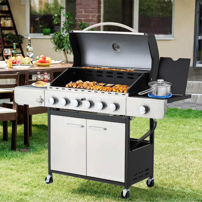 EROMMY 6 Burner BBQ Propane Gas Grill, 58,000 BTU Stainless Steel Patio Garden Barbecue Grill with Stove and Side Table-Erommy