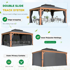 EROMMY 12'x16' Deluxe Hardtop Gazebo Outdoor Aluminum Wood Grain Gazebos with Galvanized Steel Roof and Mosquito Net for Patios