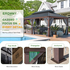 EROMMY 12' x 20' Hardtop Gazebo, Wooden Finish Coated Aluminum Frame Canopy with Double Galvanized Steel Roof, Outdoor Permanent Metal Pavilion