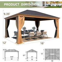 EROMMY 12' x 16' Hardtop Gazebo, Galvanized Steel Metal Single Roof Aluminum Gazebo with Curtain and Netting, Brown Permanent Pavilion