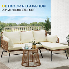 EROMMY 3-Piece Patio L-Shaped Sofa Set with Cushions & Glass Coffee Table, White-Erommy