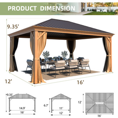 EROMMY 12' x 16' Gazebo Hard-Top Single Roof Canopy Outdoor,Wood Grain Permanent Aluminum Gazebo, for Gardens, Decks, Patios, Parties-Erommy