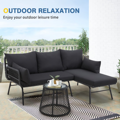 EROMMY 3-Piece L-Shaped Patio Sofa Set with Cushions & Glass Coffee Table, Black-Erommy