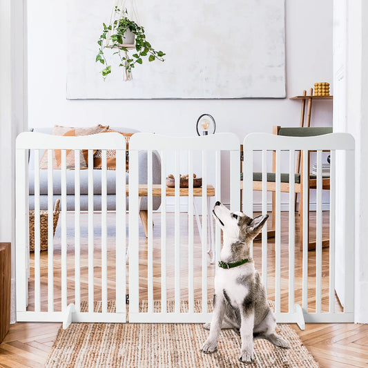 EROMMY 60" Wood Freestanding Collapsible Pet Gate, Extra Wide 35" Tall Dog Gate with 2pcs Support Feet, 3 Panels Fence, White