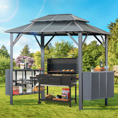 EROMMY Grill Gazebo 9 x 6 FT Permanent Outdoor Aluminum Patio Gazebo with Aluminum Composite Double Roof for Patio Lawn and Garden with Ceiling Hooks and Shelves