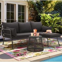 EROMMY 3-Piece L-Shaped Patio Sofa Set with Cushions & Glass Coffee Table, Black-Erommy