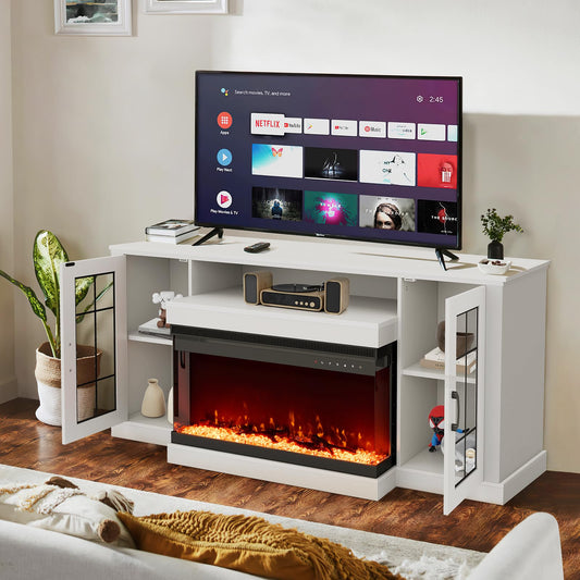 EROMMY Fireplace TV Stands for Living Room, 3-Sided Glass Fireplace TV Stand for TVs up to 70'' with 9 Color, White