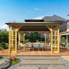 Erommy wooden outdoor gazebo with a double roof, open sides, and built-in trellis panels over a patio dining area and backyard deck