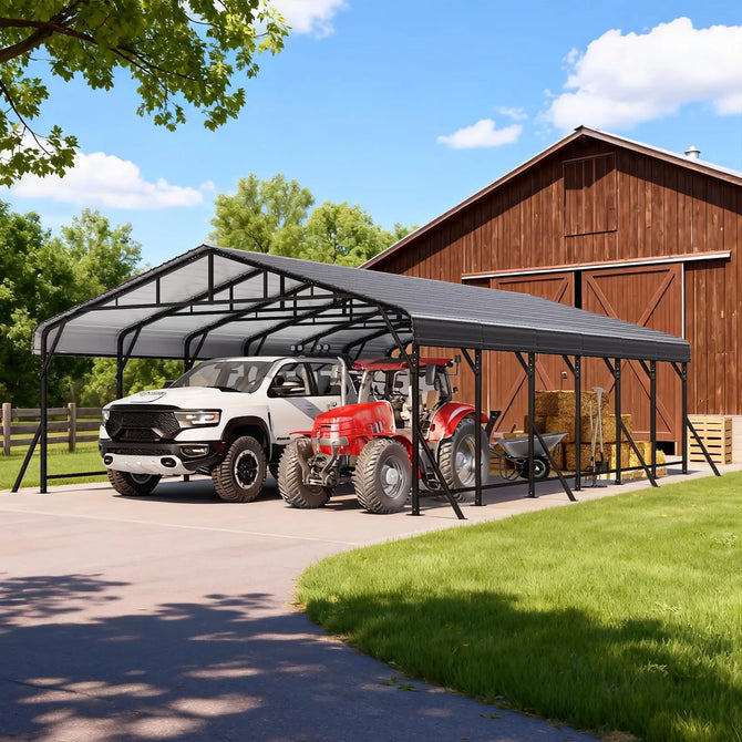 EROMMY 20x40 FT Heavy Duty Metal Carport with Reinforced Steel Braces & Galvanized Steel Roof and Frame, Sturdy Car Shed in All Weathers, Easy Assembly Car Shelter for 2 Cars, SUV, Tractors and Boat