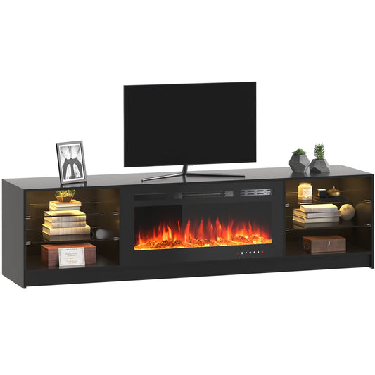 EROMMY 79" TV Stand with 40" Electric Fireplace, with Adjustable Glass Shelves and Variable Color LED Lights, for TVs up to 90", 80", Black