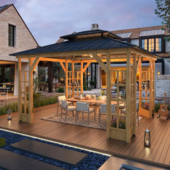 Erommy wooden gazebo with a double roof, open sides, and dining table on a patio deck beside a pool in a landscaped backyard