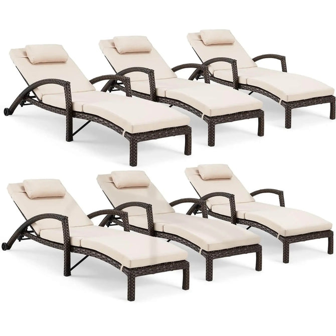 EROMMY Chaise Lounge Chairs Set of 6 for Outside, PE Rattan Wicker Patio Pool Lounge Chair with Arm, Cushion for Poolside Beach (Khaki)