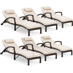 EROMMY Chaise Lounge Chairs Set of 6 for Outside, PE Rattan Wicker Patio Pool Lounge Chair with Arm, Cushion for Poolside Beach (Khaki)
