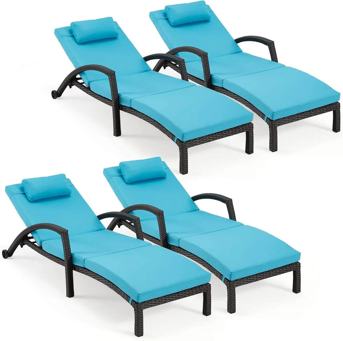 EROMMY Chaise Lounge Chairs Set of 4 for Outside, PE Rattan Wicker, Blue
