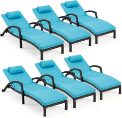 EROMMY Chaise Lounge Chairs Set of 6 with Arm, Cushion for Poolside Beach, Blue