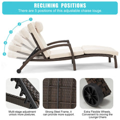 EROMMY Chaise Lounge Chairs Set of 6 for Outside, PE Rattan Wicker Patio Pool Lounge Chair with Arm, Cushion for Poolside Beach (Khaki)