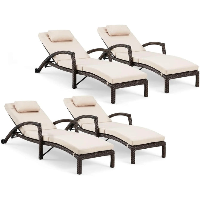 EROMMY Chaise Lounge Chairs Set of 4 for Outside, PE Rattan Wicker Patio Pool Lounge Chair with Arm, Cushion for Poolside Beach (Khaki)