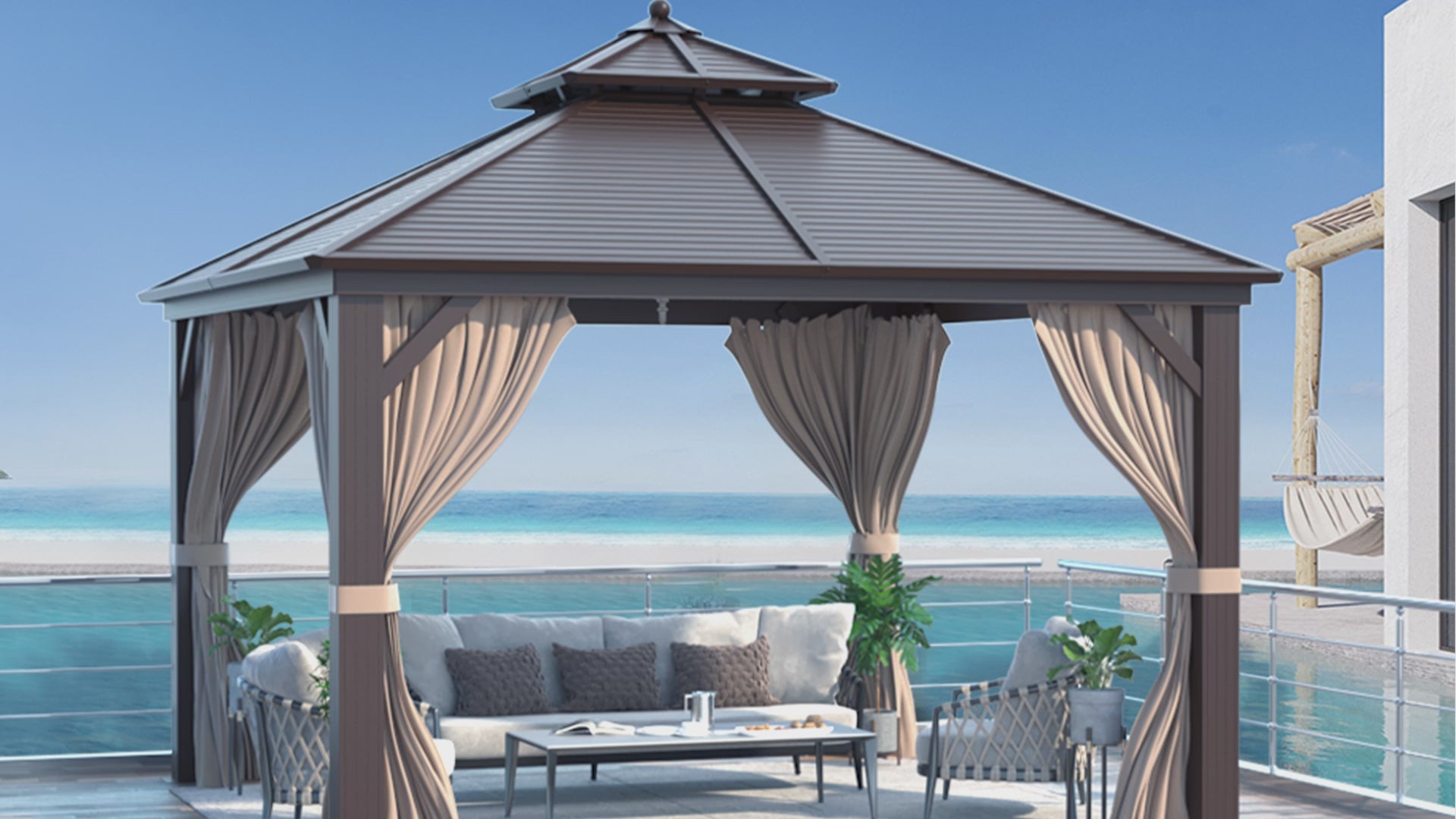 EROMMY 12' x 12' Hardtop Gazebo Canopy Galvanized Steel Pergolas with Netting & Curtains
