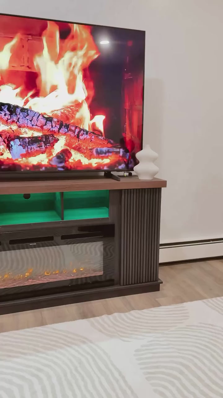 EROMMY 70 Inch TV Cabinet with Electric Fireplace, fire place tv stands for living room, LED Light Bar, Dark Walnut Color