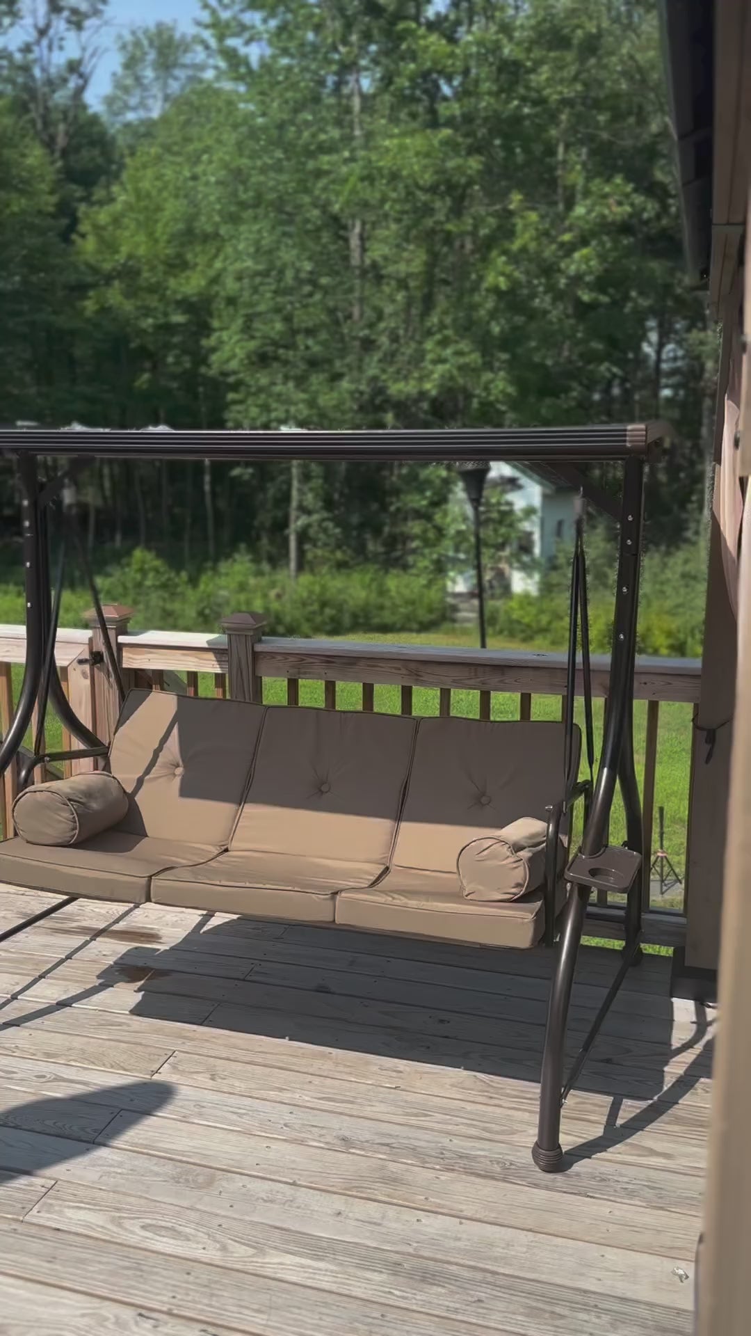 EROMMY 57in Outdoor Patio Swing with Hardtop, 3 person Bench with 2 Side Cup Holder, Convertible Backrest Swing Bed with Cushion, 2 Pillows