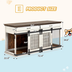 EROMMY 72" Wood Dog Crate Furniture Indoor with Divider, Dog Crate End Table with 2 Drawers for Large Breeds, White-Erommy
