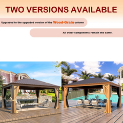 EROMMY 12' x 16' Hardtop Gazebo, Galvanized Steel Metal Single Roof Aluminum Gazebo with Curtain and Netting, Brown Permanent Pavilion