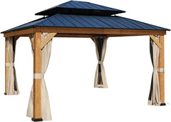 EROMMY 13' x 15' Outdoor Cedar Wood Hardtop Gazebo w/ Double Metal Roof, Curtains & Nettings