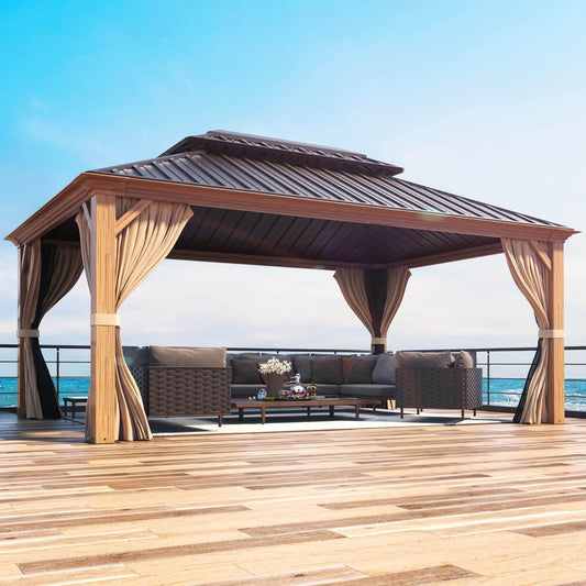 EROMMY 12' x 16' Luxury Hardtop Wooden Finish Aluminum Patio Gazebo w/ Galvanized Steel Metal Double Roof, Curtains &Netting