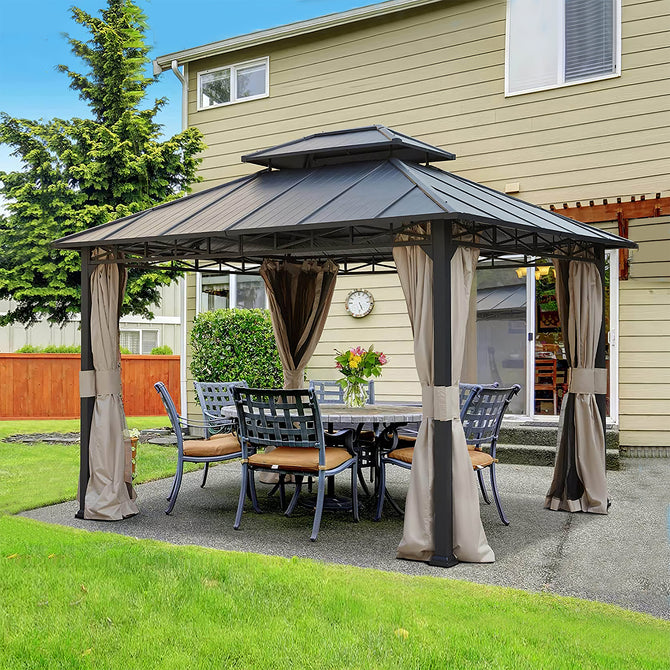 EROMMY 10' x 12' Iron Gazebo Hardtop Double Roof w/ Anti-Rust Coating Frame, Waterproof Curtains & Netting-Erommy