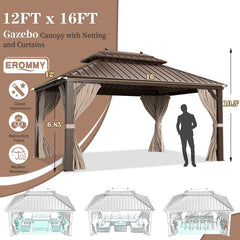 Erommy hardtop gazebo with double roof, draped curtains and netting, shown with a person for scale and three furnishing layout illustrations