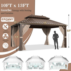 Erommy 10 by 13 foot hardtop gazebo with double roof, tied curtains, screened sides, and illustrated outdoor seating layouts