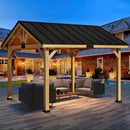 Erommy 11 by 12 foot wood hardtop gazebo with a black asphalt roof, sturdy posts, and patio seating beside a pool at dusk