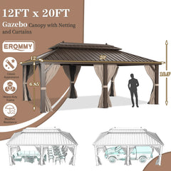 Erommy hardtop gazebo with screened netting and curtains, shown with a classic metal roof, spacious outdoor seating, and vehicle shelter illustrations