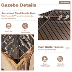 EROMMY 12' x 16' Luxury Hardtop Wooden Finish Aluminum Patio Gazebo w/ Galvanized Steel Metal Double Roof, Curtains &Netting
