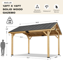 EROMMY 12' x 15' Hardtop Gazebo, Solid Spruce Wood Gazebo with Waterproof Asphalt Roof, for Lawns, Beach, Patio, Garden, Yard-Erommy