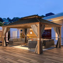 Erommy hardtop gazebo with layered roof and privacy curtains furnished with outdoor seating on a spacious deck at dusk