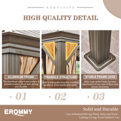EROMMY 12'x16' Hardtop Gazebo Galvanized Steel Double-Roof Pergola w/ Netting Curtain - Erommy