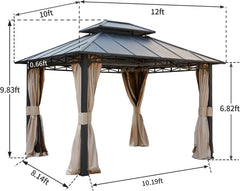 EROMMY 10' x 12' Iron Gazebo Hardtop Double Roof w/ Anti-Rust Coating Frame, Waterproof Curtains & Netting-Erommy