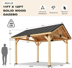 Illustration of a solid wood hardtop gazebo with dark roof, open sides, sturdy posts, roof supports, and stability and waterproof feature icons