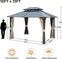 Erommy hardtop gazebo with double roof, metal frame, tied curtains, and ventilation, UV protection, and water resistant feature icons