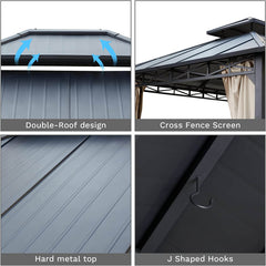 EROMMY 10' x 12' Hardtop Double Roof Iron Gazebo w/ Anti-Rust Coating Frame, Waterproof Curtains & Netting