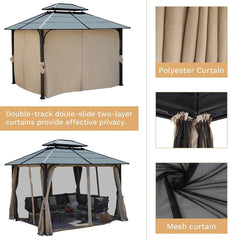 Erommy hardtop gazebo with double roof, beige privacy curtains, and black mesh netting shown closed and open for outdoor seating