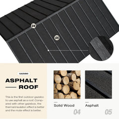 Erommy hardtop gazebo roof with dark asphalt panels, solid wood framing, and close up texture detail shown in an outdoor gazebo roofing infographic